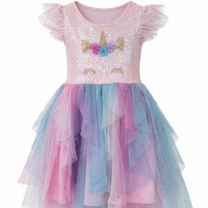 Zunie Girls Unicorn Sequin Tutu Dress Size 5 Pink Rainbow Tulle Party Costume